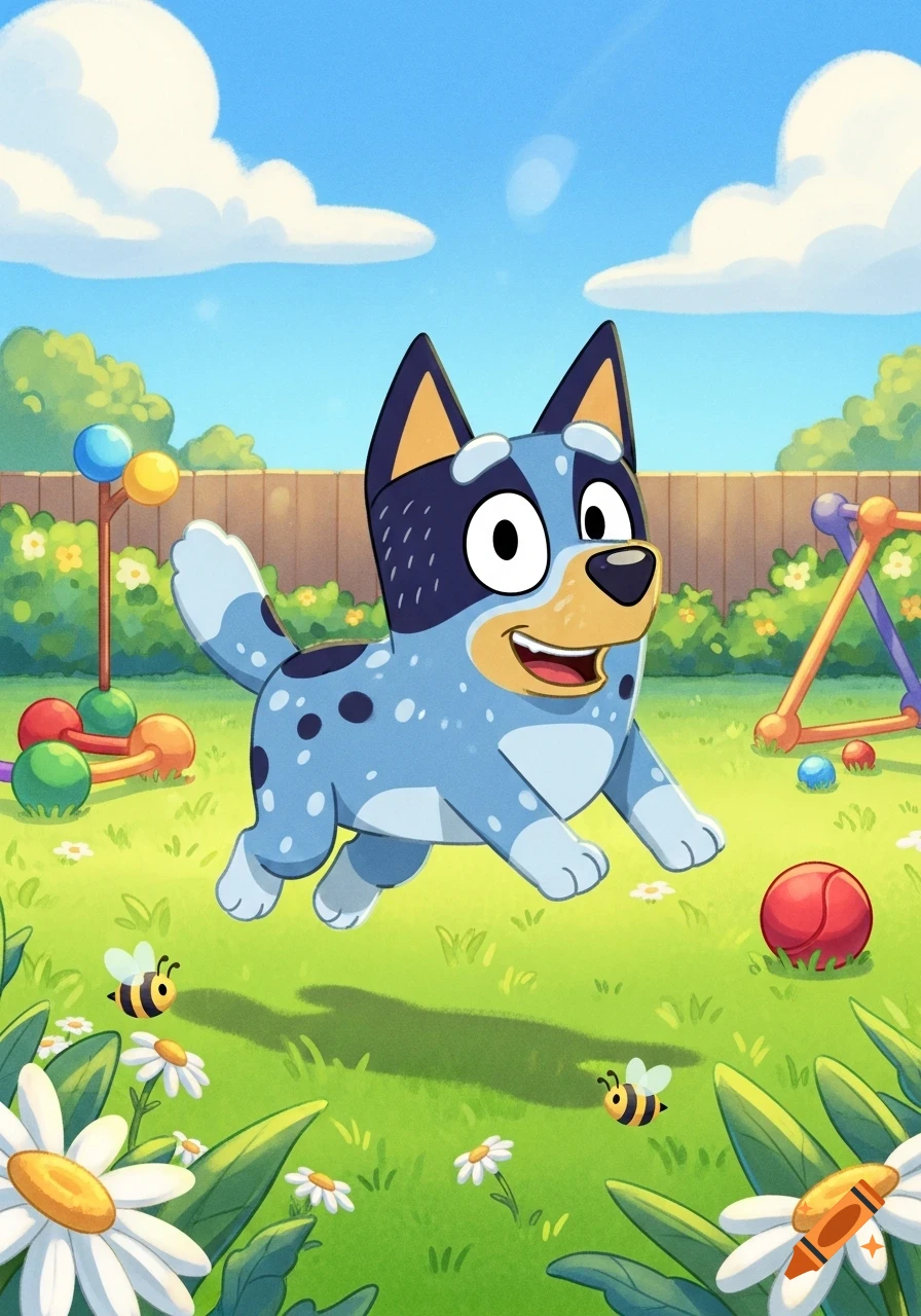 A cartoon blue heeler dog, Bluey, runs happily in a sunny green backyard with daisies and toys.