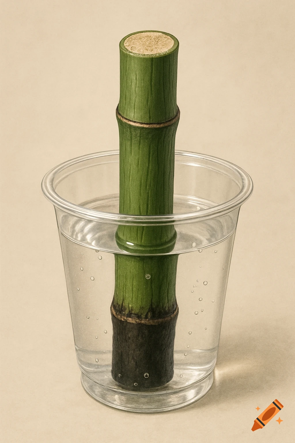 A single green bamboo stalk stands upright in a clear plastic cup filled with water, showing its dark root end and air bubbles.