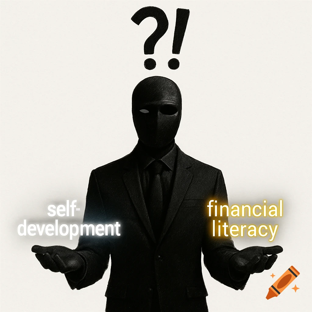 A black-masked figure in a suit presents 'self-development' and 'financial literacy' with a question mark above.