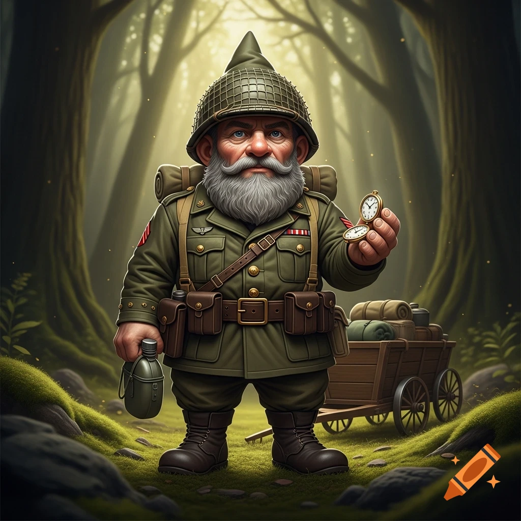 A gnome wearing a WWII uniform with a helmet and backpack, holding a canteen and two pocket watches, standing on a forest path next to a wooden cart.