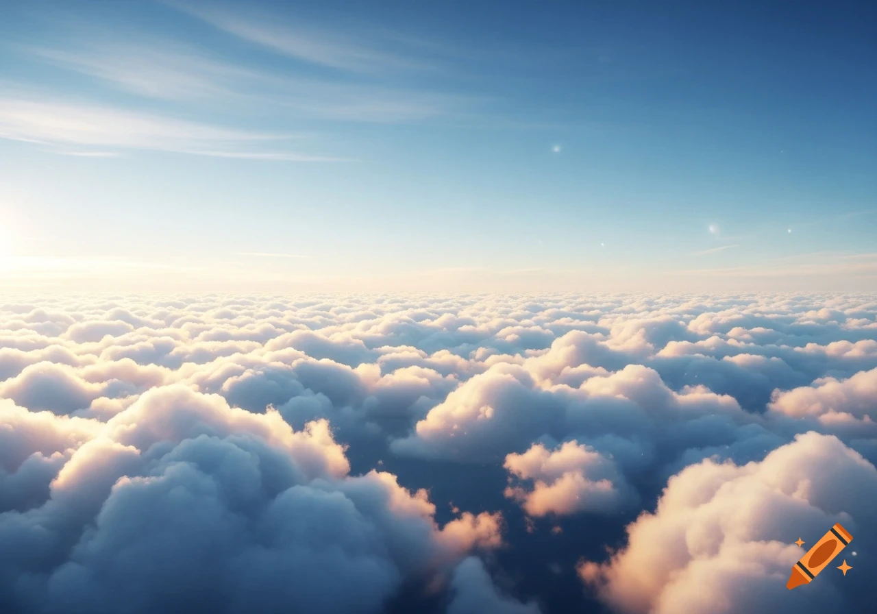 Aerial view of a vast expanse of fluffy white clouds under a clear blue sky, bathed in soft sunlight.