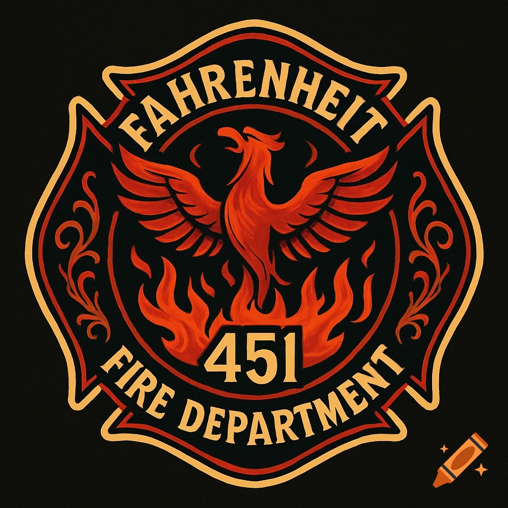 A stylized red, black, and gold fire department badge logo featuring a phoenix rising from flames. Text reads "Fahrenheit 451 Fire Department".