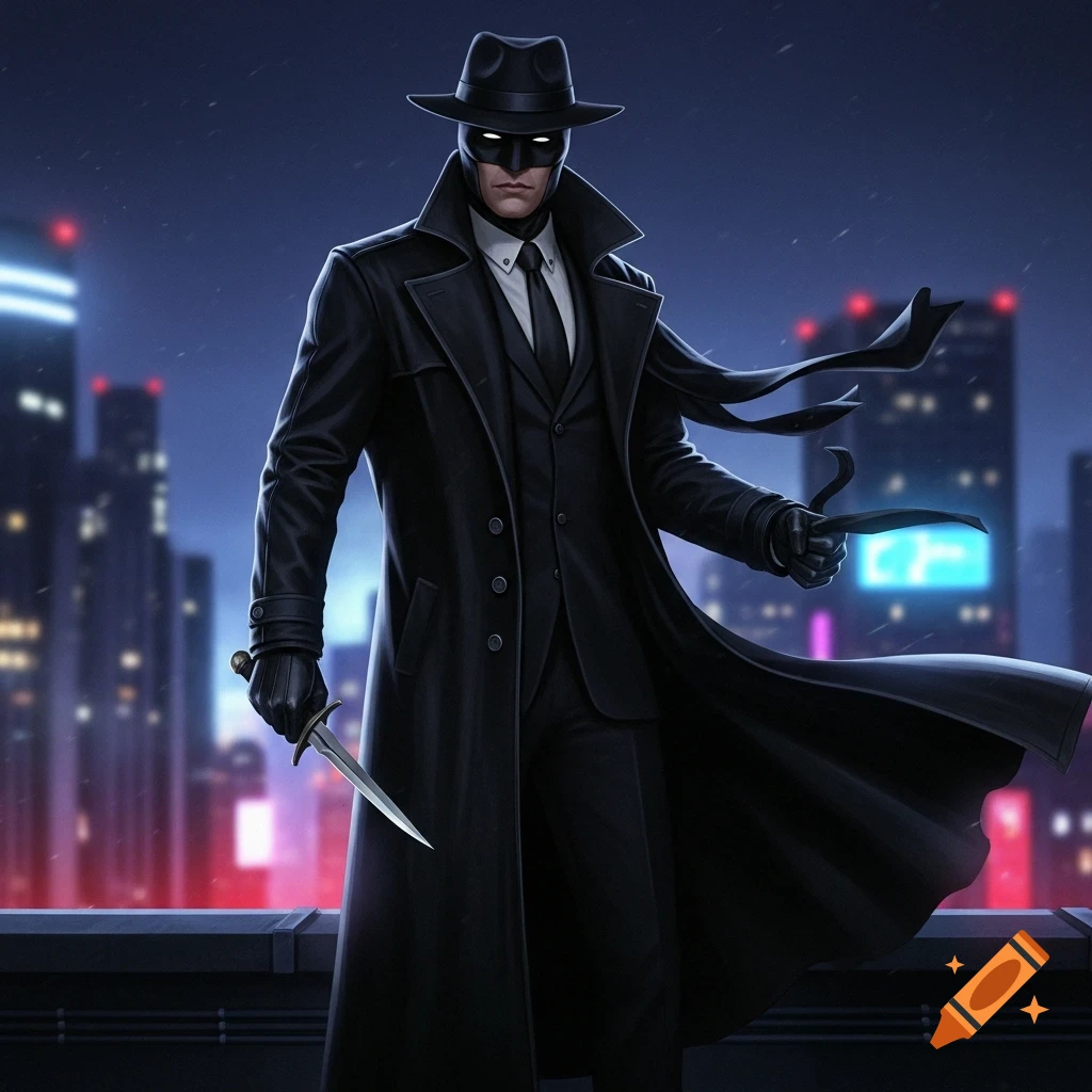 A masked vigilante in a black trench coat and fedora stands on a rooftop at night, holding a dagger, with a city skyline in the background.