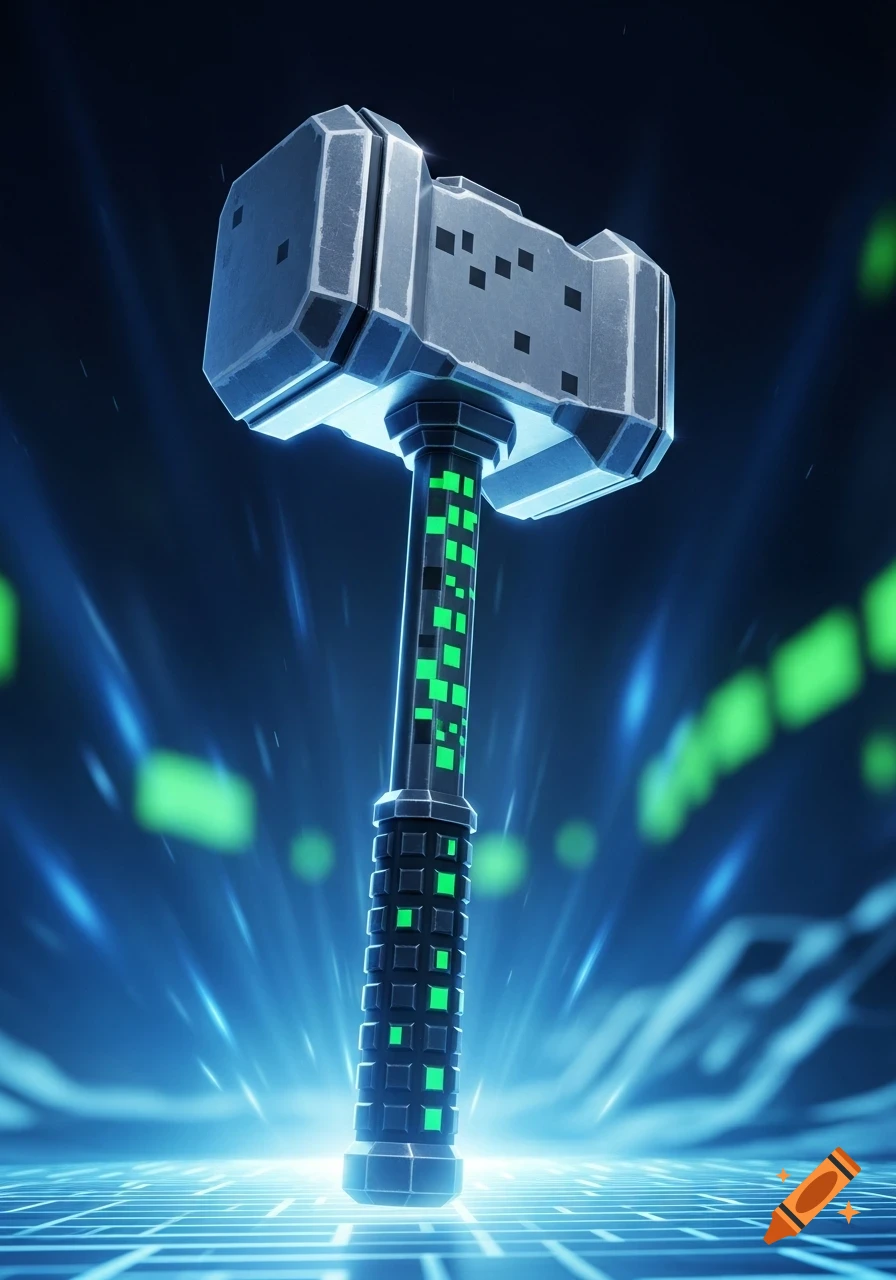 A futuristic hammer with green pixel patterns and glowing blue light stands on a digital grid.