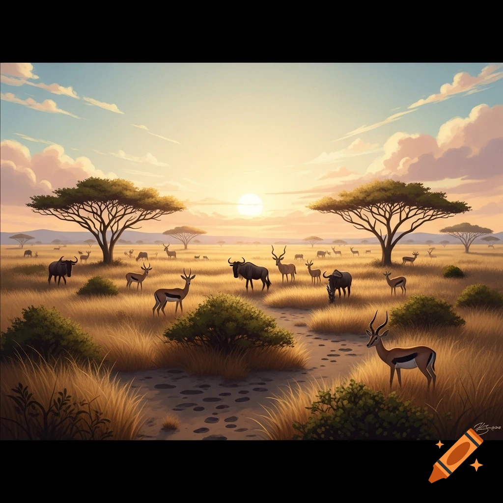 Vibrant illustrated savanna landscape at sunset with wildebeest and gazelles grazing under acacia trees.