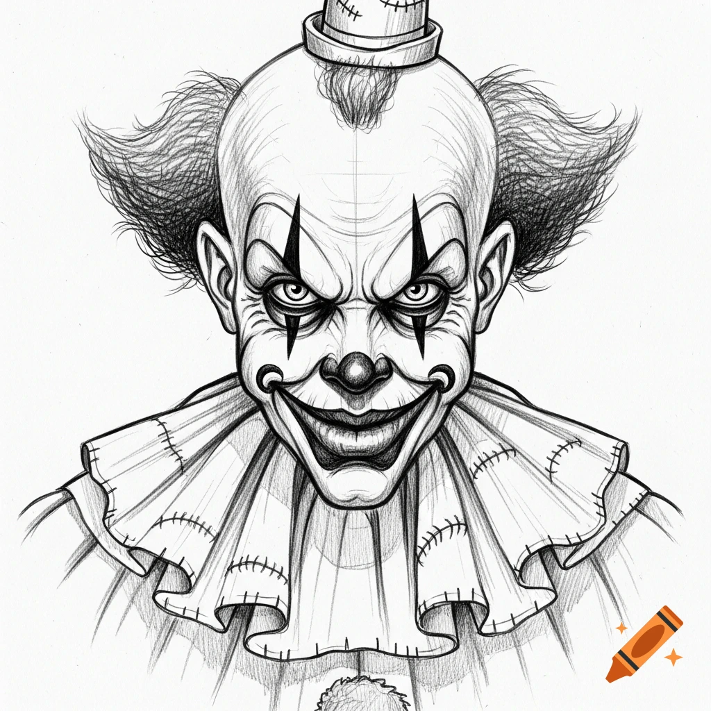 Pencil sketch of a creepy clown with a ruffled collar and small hat, glaring intently.