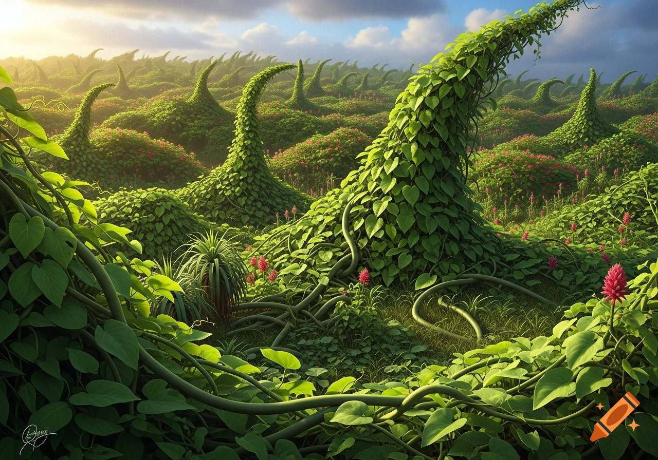 Lush green landscape with sprawling vines covering large, conical plant mounds and smaller red flowers under a partly cloudy sky.