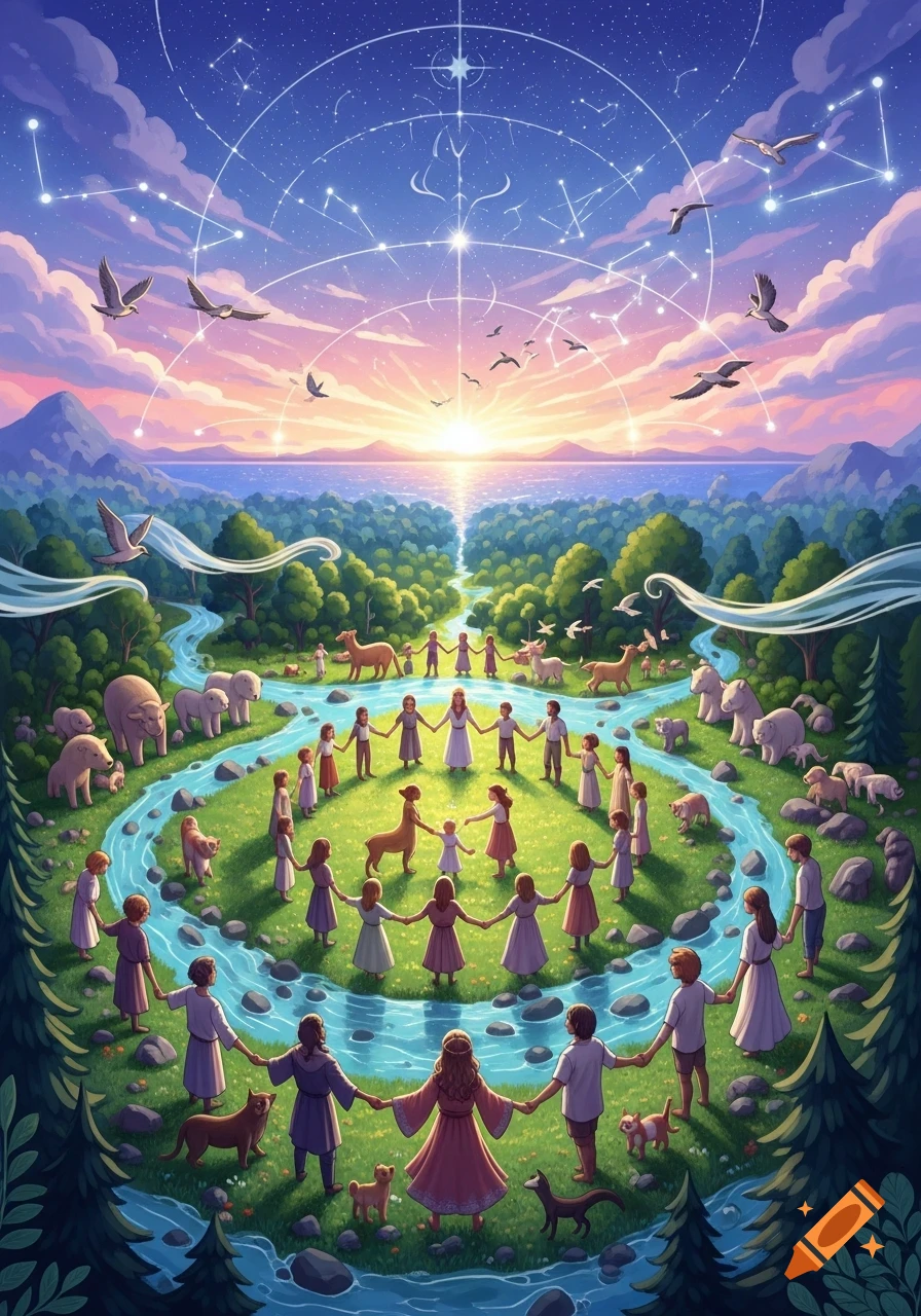 Vibrant illustration of people and animals holding hands in a circle in a lush valley with a river, mountains, sunrise, and constellations.
