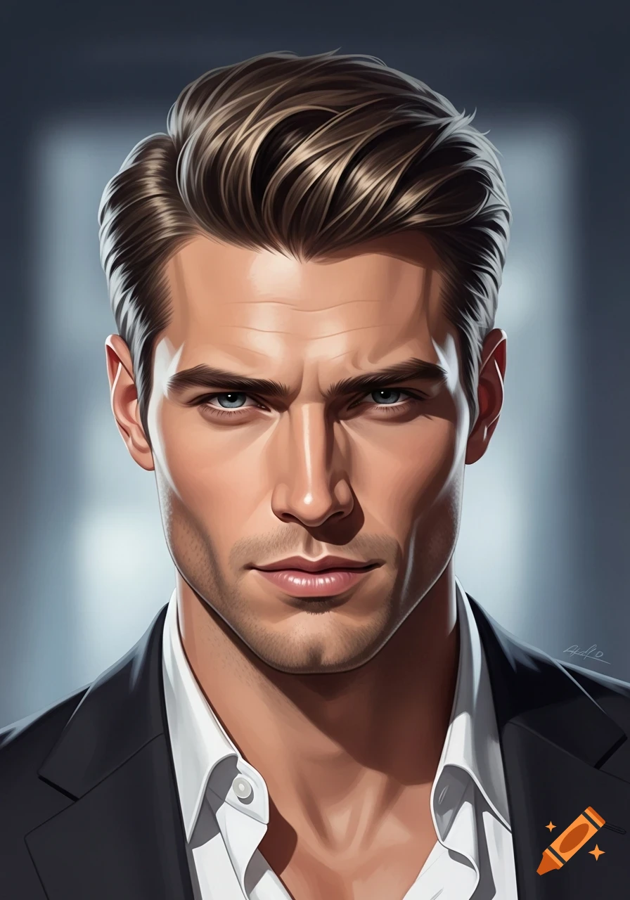 A stylized digital painting of a handsome man in a suit jacket, looking intently at the viewer.