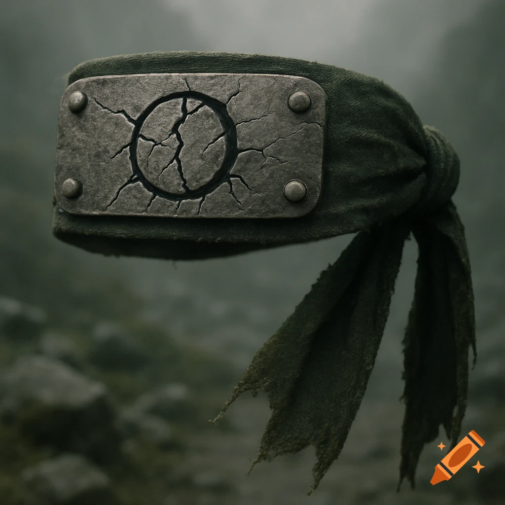 A battle-worn, moss-green fabric headband with a cracked grey metal plate featuring a circular symbol, against a blurry, misty background.