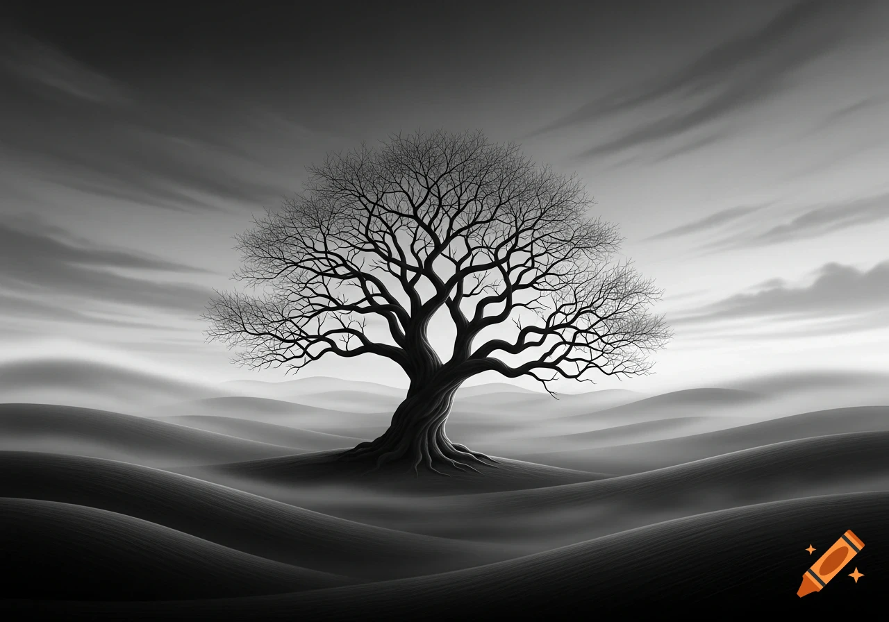 A detailed, bare tree with sprawling branches stands on rolling hills in a misty, grayscale landscape.