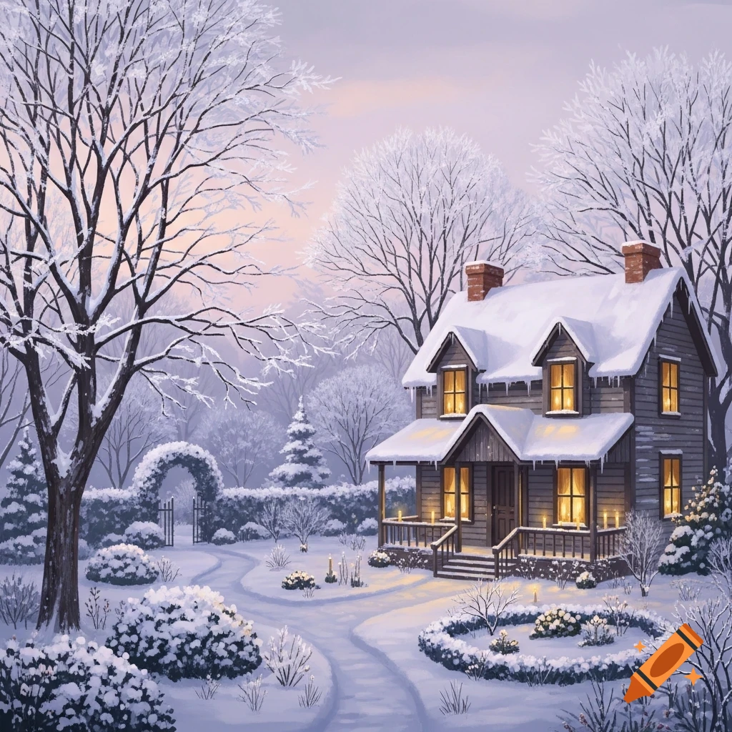 An illustration of a cozy house with warm lights on a snowy winter evening, surrounded by snow-covered trees and bushes.
