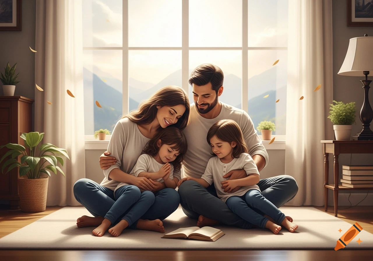 A serene family of four, parents and two young daughters, sit on a rug by a sunny window, looking at an open book. Golden light fills the room.