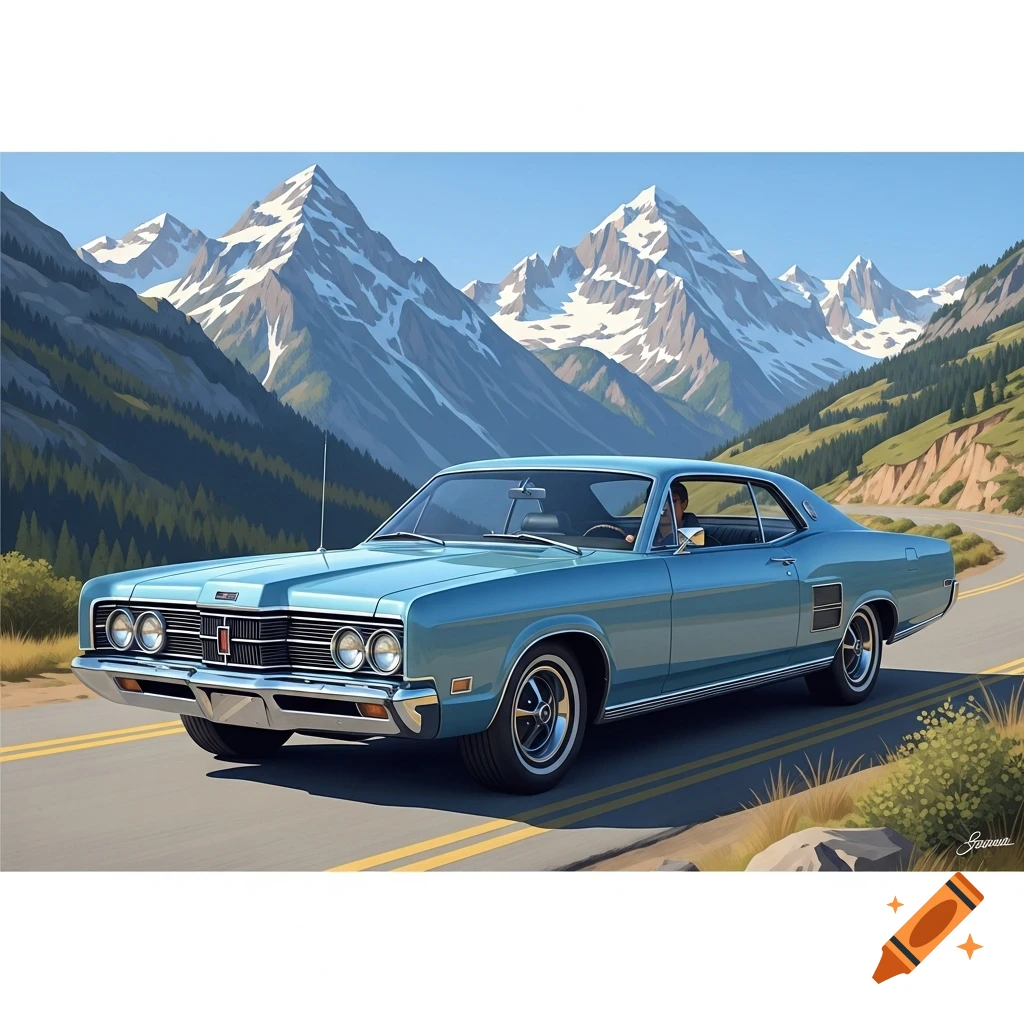 A light blue 1969 Mercury Monterey drives on a winding mountain road with snow-capped peaks under a clear sky.