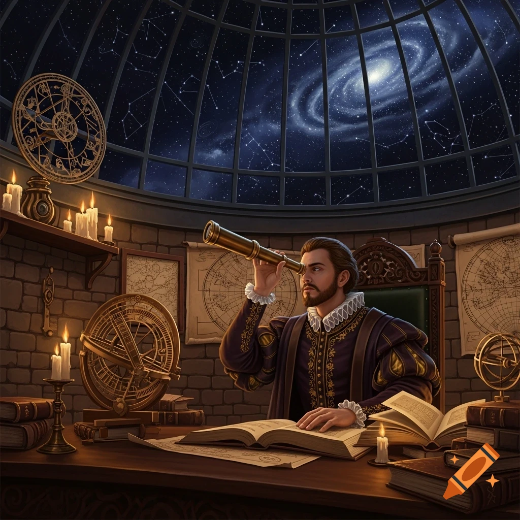 A Renaissance-era man in an observatory looks through a telescope at a galaxy in the night sky, surrounded by scientific instruments and books.