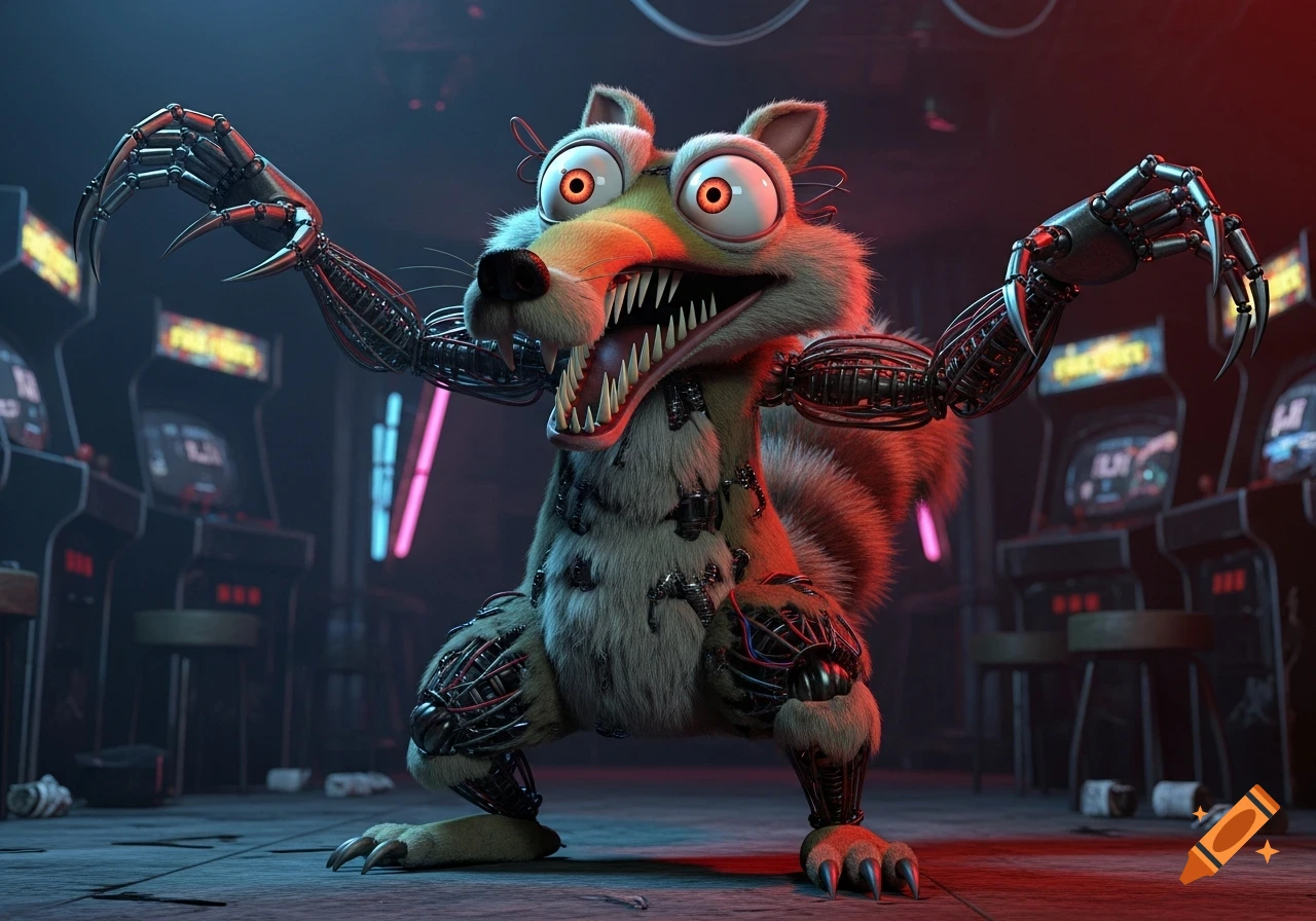 An unsettling Scrat from Ice Age, transformed into a nightmare animatronic with exposed wires and sharp claws, stands in a dimly lit arcade.