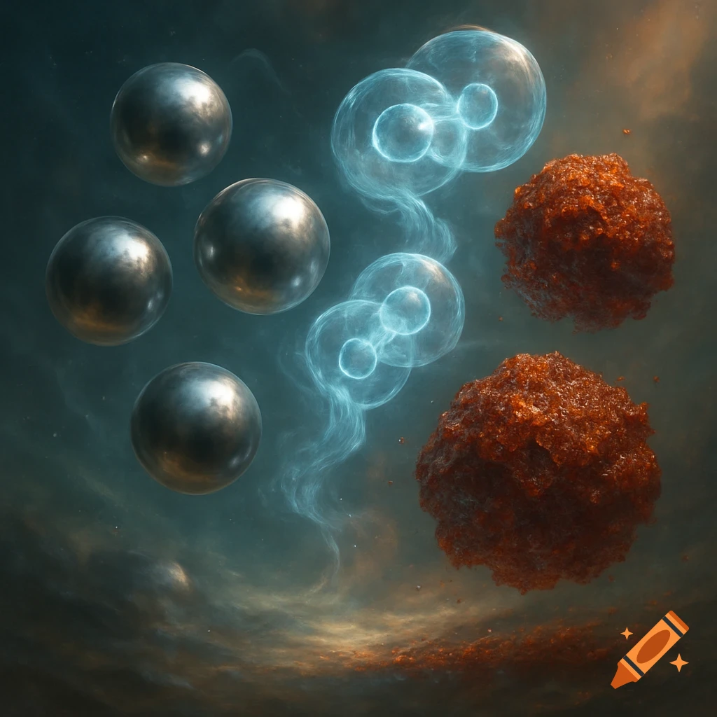 Abstract image of metallic spheres, glowing blue forms, and rough red masses against a dark cosmic background.