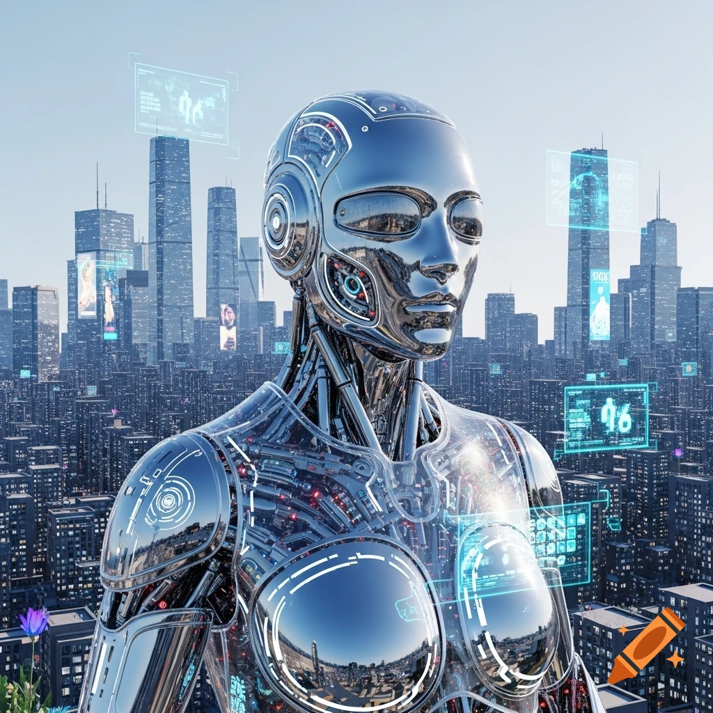 Photorealistic chrome and transparent cyborg stands in a futuristic city with holographic displays under a clear sky.