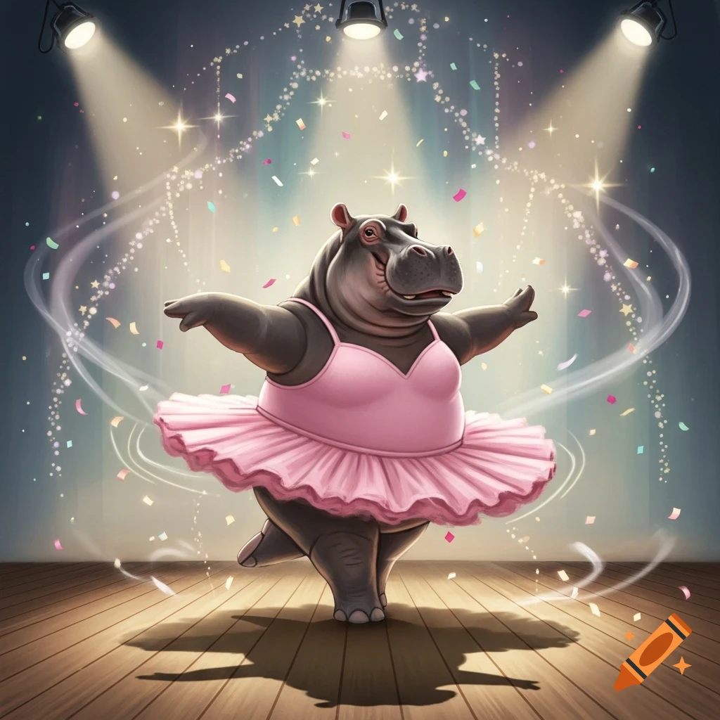 Cartoon hippo in a pink tutu dancing ballet on a stage under spotlights with confetti.