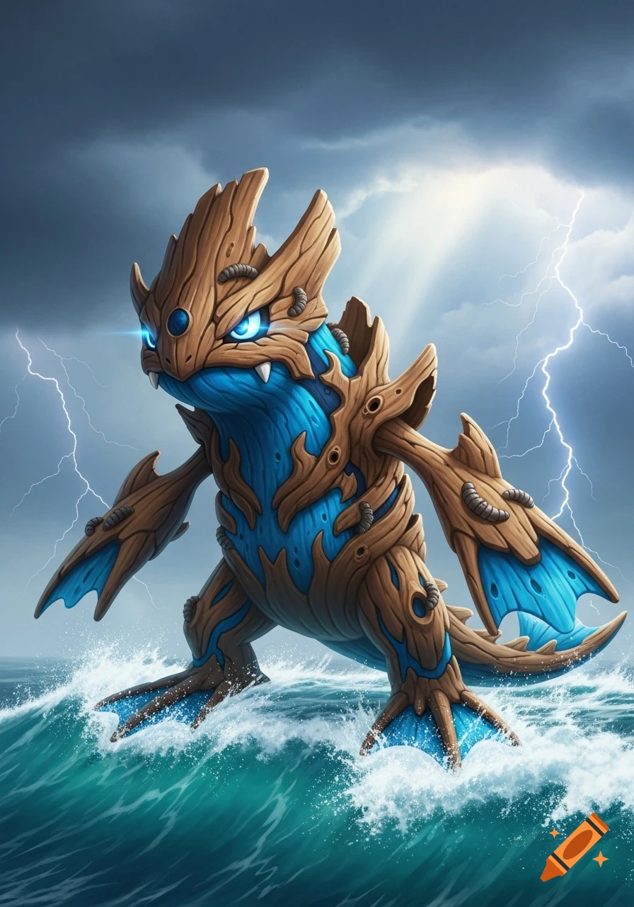 A blue and brown creature made of driftwood and scales with glowing eyes stands on stormy ocean waves under lightning.