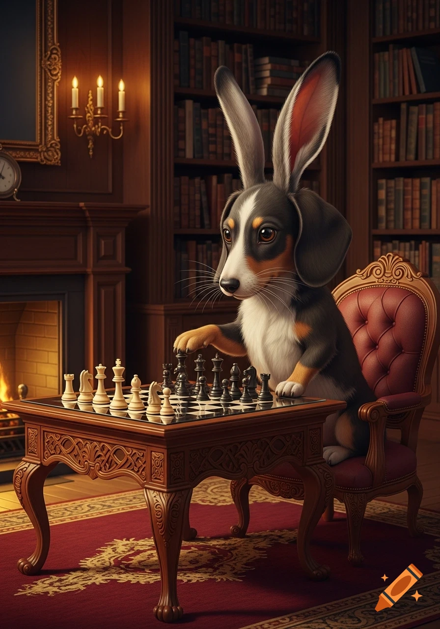 A photorealistic dachshund-rabbit hybrid plays chess at a wooden table in a dimly lit library.