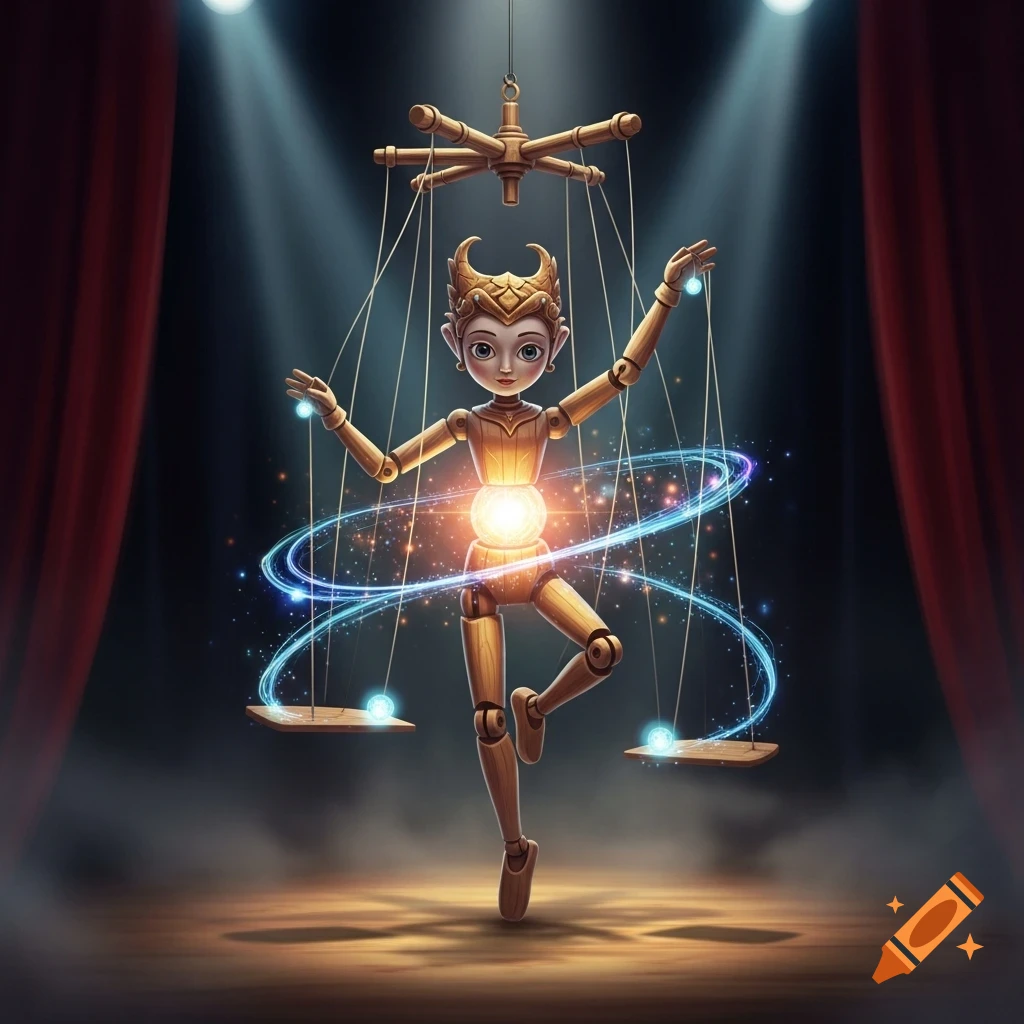 A fantasy marionette with a glowing orb in its torso and light orbs on its joints, dancing on a stage under spotlights.