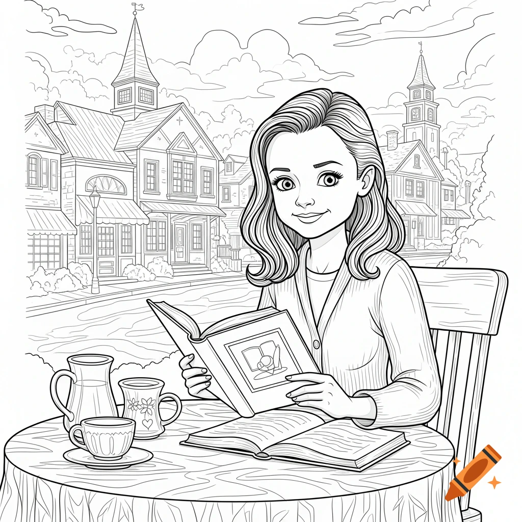 Line art coloring page of a cartoon girl reading a book at a table with a town backdrop.