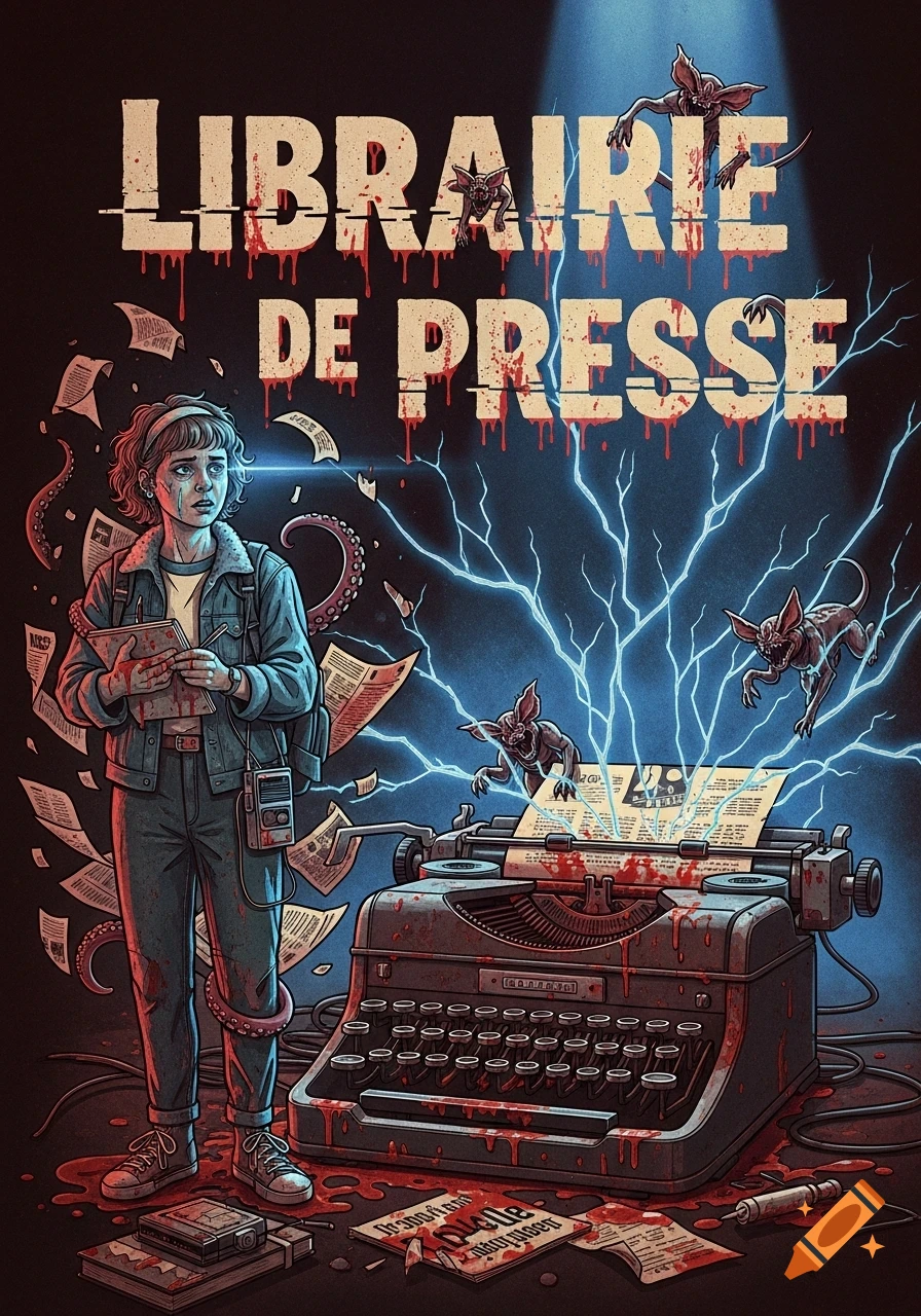 A retro-horror illustration with a distressed journalist, blood-covered typewriter, demogorgons, and blue lightning. Text reads 'LIBRAIRIE DE PRESSE'.