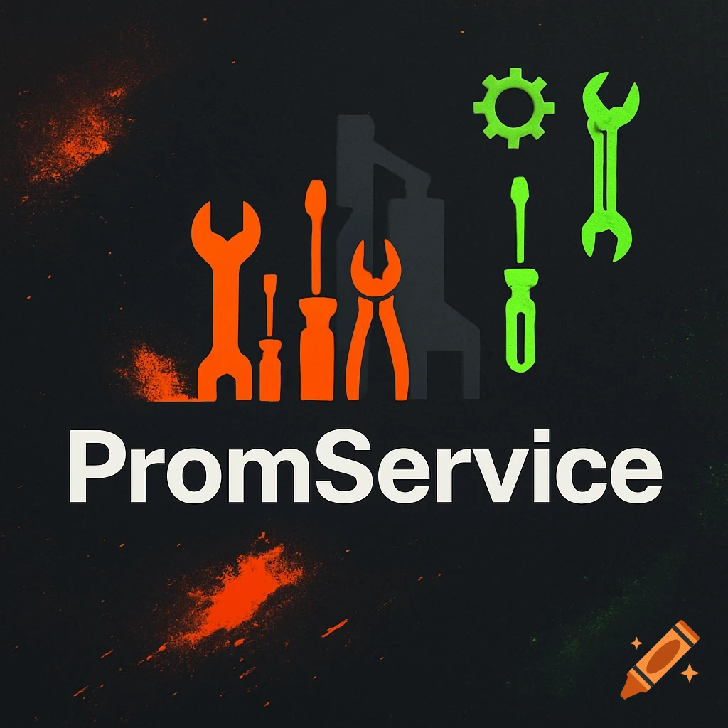 Industrial logo for PromService with orange and green tools, a dark gray factory silhouette, and text on a dark, splattered background.
