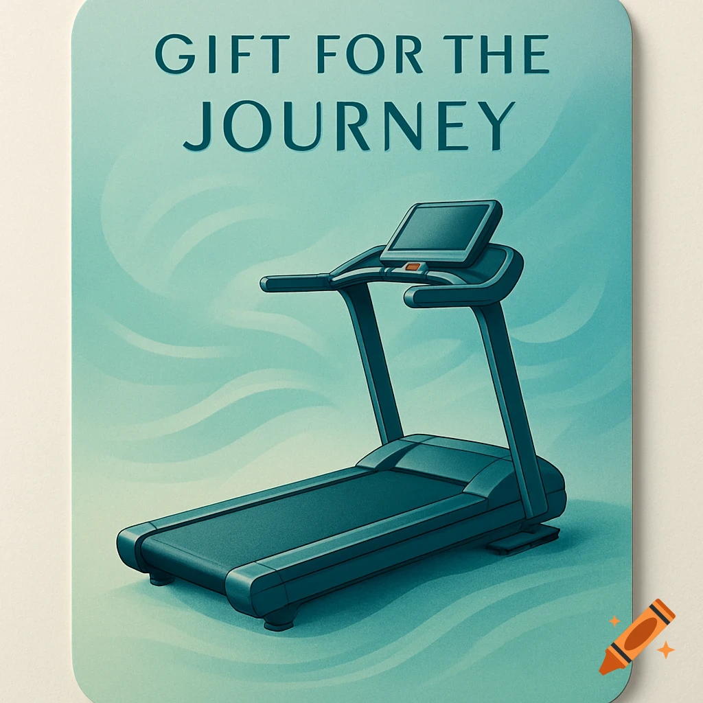 An illustrated gift card featuring a treadmill and the text 'GIFT FOR THE JOURNEY' on a light blue background with wavy patterns.