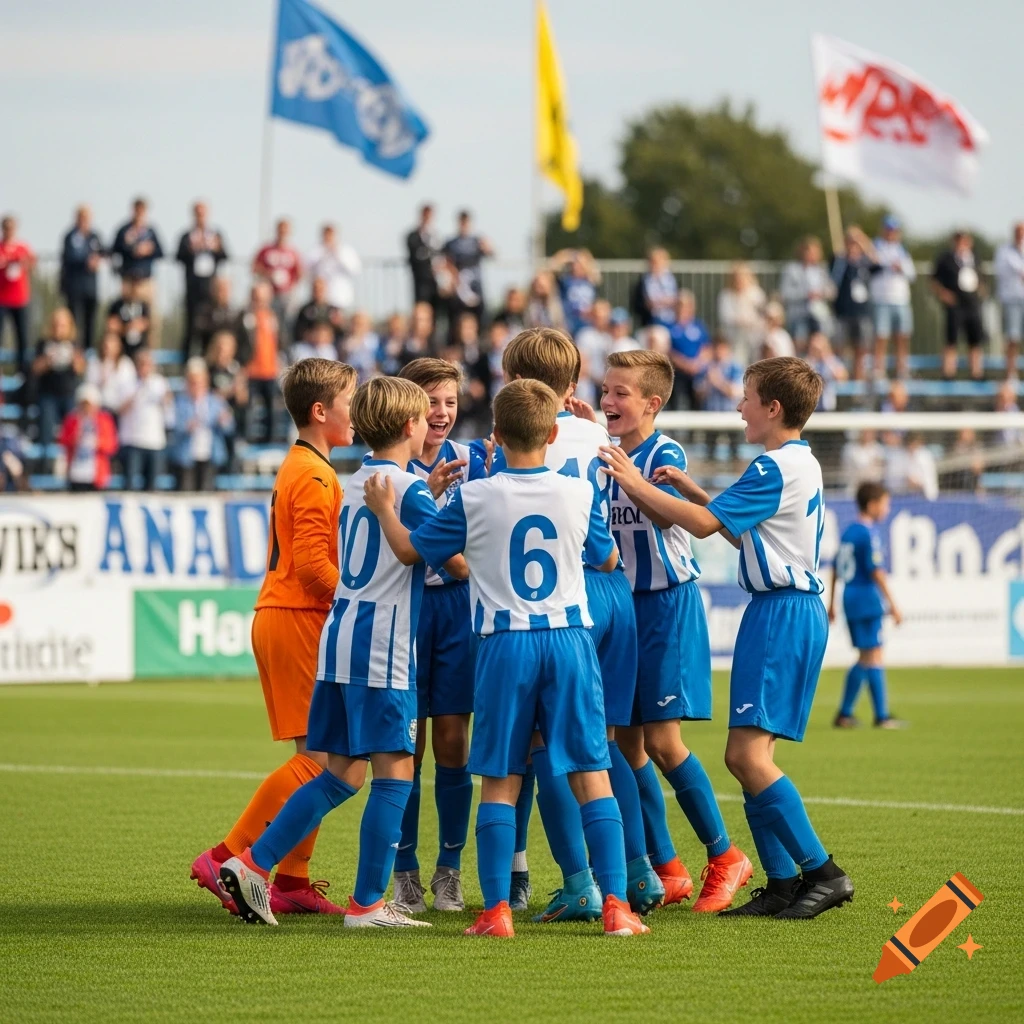 A youth soccer team in blue and white jerseys huddles and cheers on a green field, celebrating a goal during a sunny championship game.