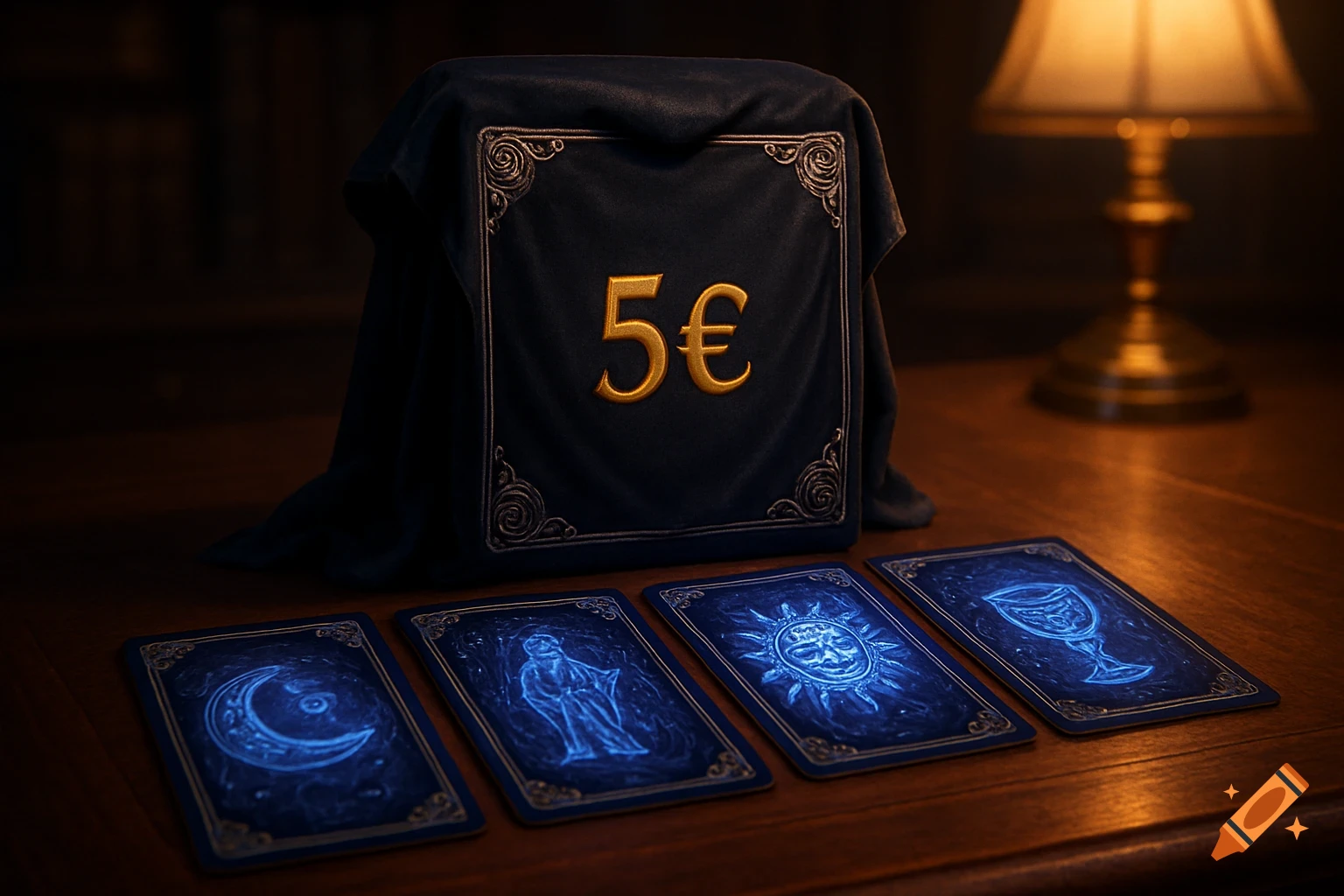 A dark, mystical scene with a velvet-covered box displaying '5\u20ac', surrounded by four glowing blue tarot cards on a wooden table, with a lamp in the background.