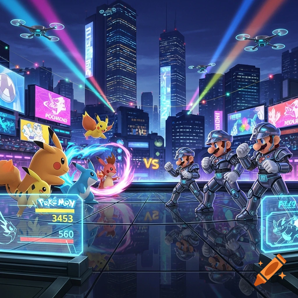 Pokemon characters and armored Mario figures face off in a futuristic cityscape battle arena, illuminated by neon lights and drones.