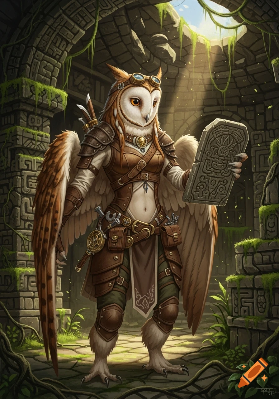 A female owlin artificer in leather armor and steampunk goggles stands in ancient ruins, studying a carved stone tablet. Sunlight streams through a collapsed ceiling.