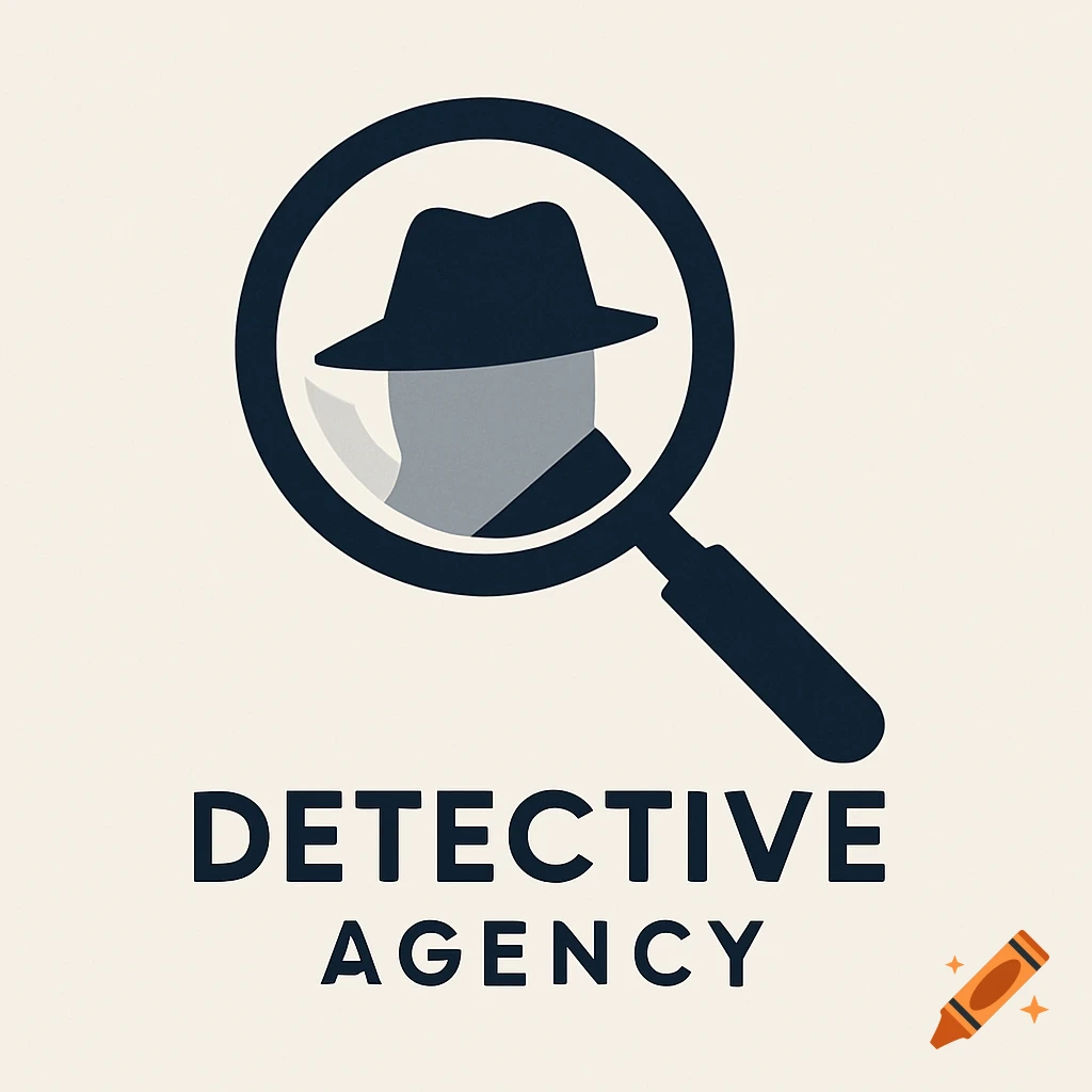 A minimalist logo for a detective agency featuring a magnifying glass over a silhouette of a person in a fedora, with 'DETECTIVE AGENCY' text below.