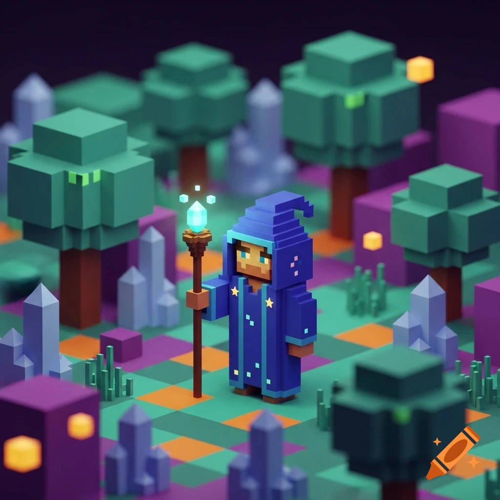 A blue-robed voxel art wizard with a glowing staff stands in a colorful blocky forest with trees and crystals.