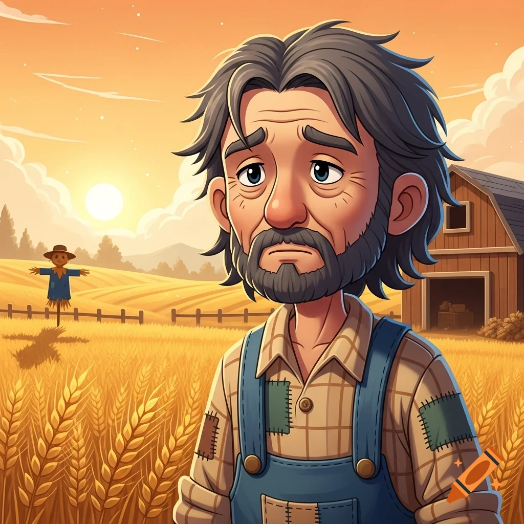 A sad old cartoon farmer with messy hair and a beard stands in a golden wheat field with a scarecrow, barn, and sunset.