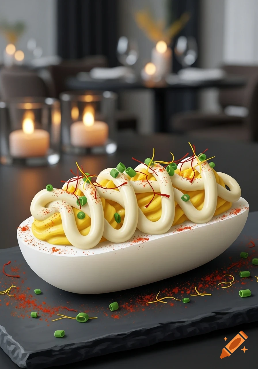 A stylized deviled egg in a boat-like white shell, topped with swirled yellow yolk, white cream, paprika, and chives, in a restaurant setting with candles.