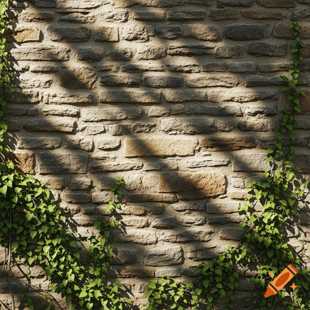 A close-up, photorealistic view of a textured stone wall adorned with green ivy, under dappled sunlight and shadows.