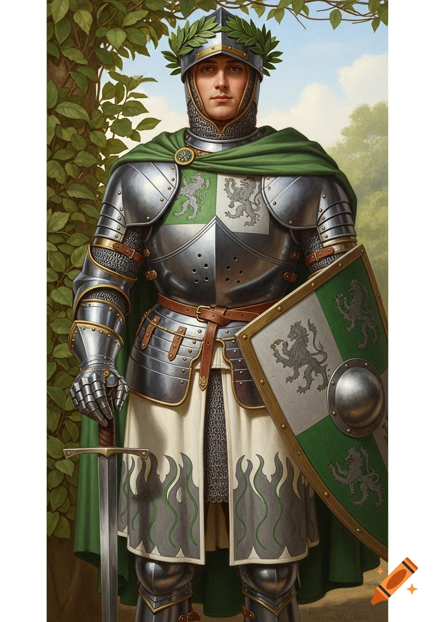 A detailed Raphael-style portrait of a knight in silver armor with a green cape, holding a sword and shield.