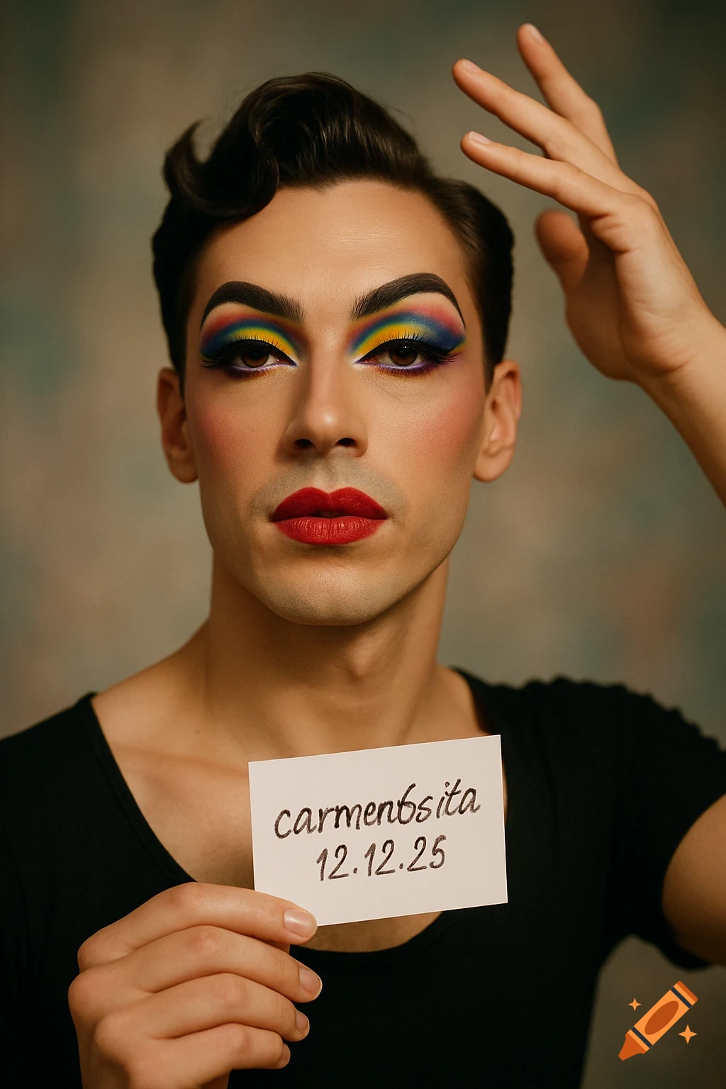 A person in vibrant drag makeup with rainbow eyeshadow and red lipstick holds a card saying "carmen6sita 12.12.25", with one hand raised.