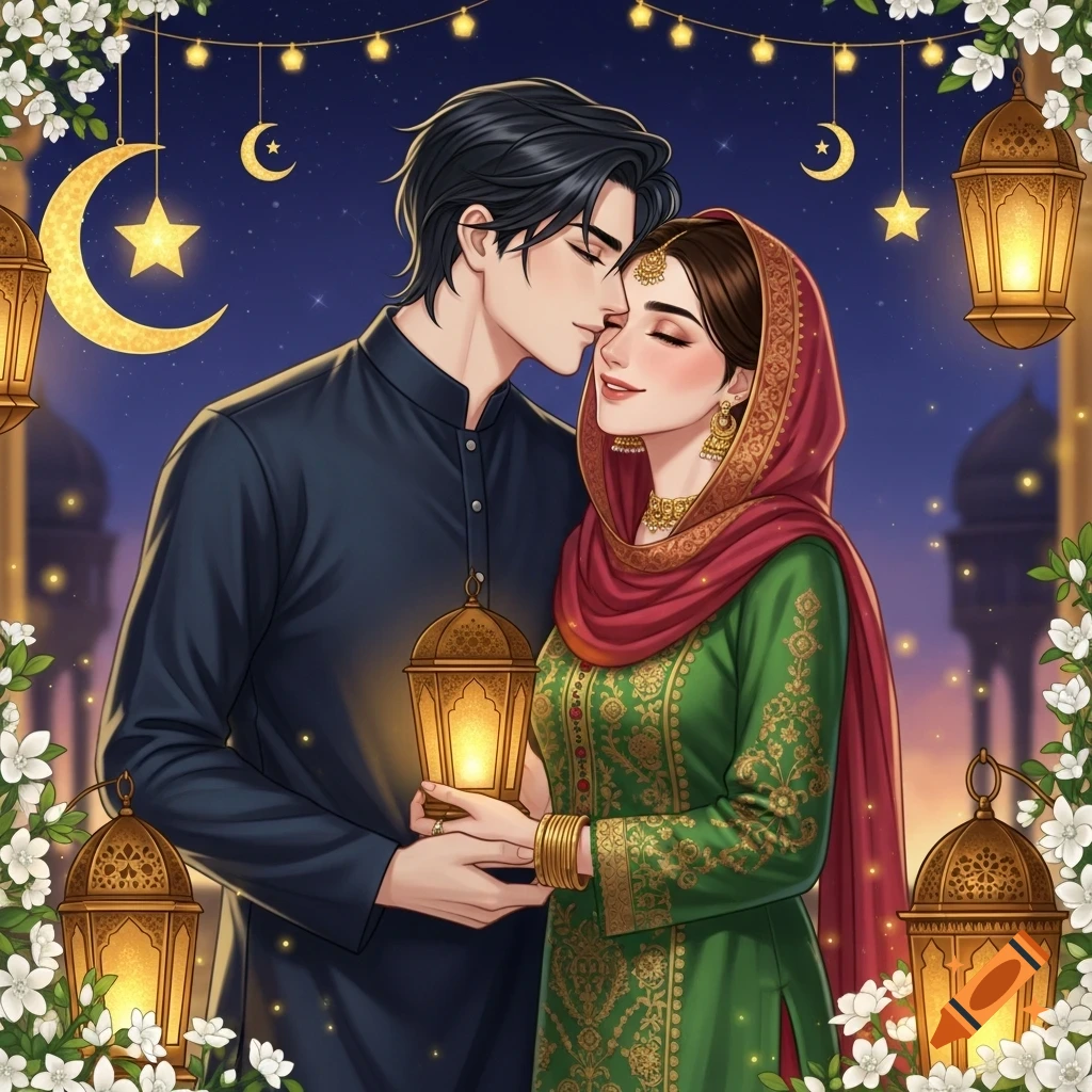Stylized illustration of a couple celebrating Eid, man kissing woman's forehead, holding a lantern under a starry sky with moons and flowers.