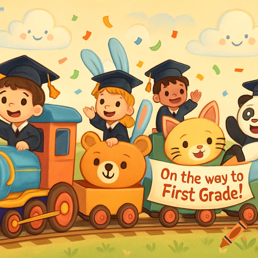 Vibrant cartoon of children in graduation caps riding a train made of animal cars, with a banner 'On the way to First Grade!', happy clouds, and confetti.