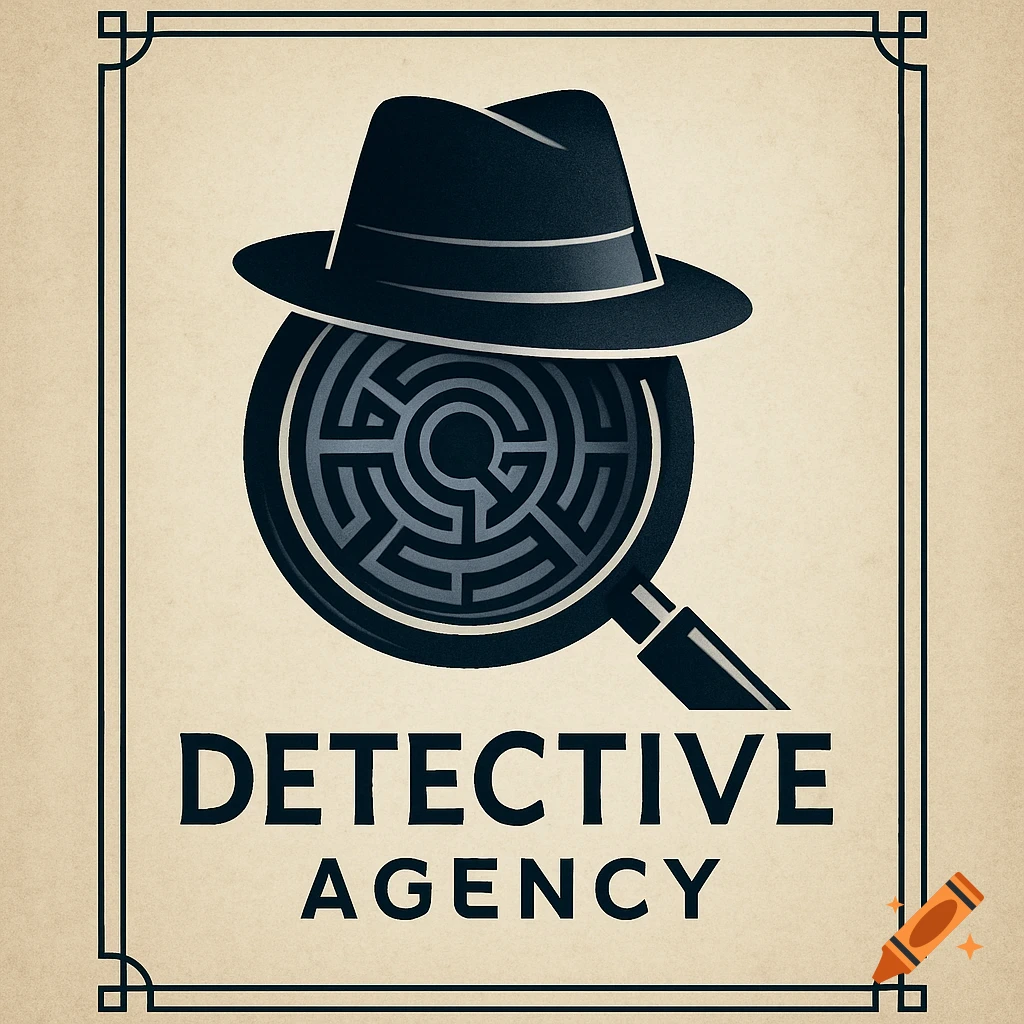 Detective agency logo with a dark fedora hat over a magnifying glass with a maze, and 'DETECTIVE AGENCY' text on a vintage beige background.