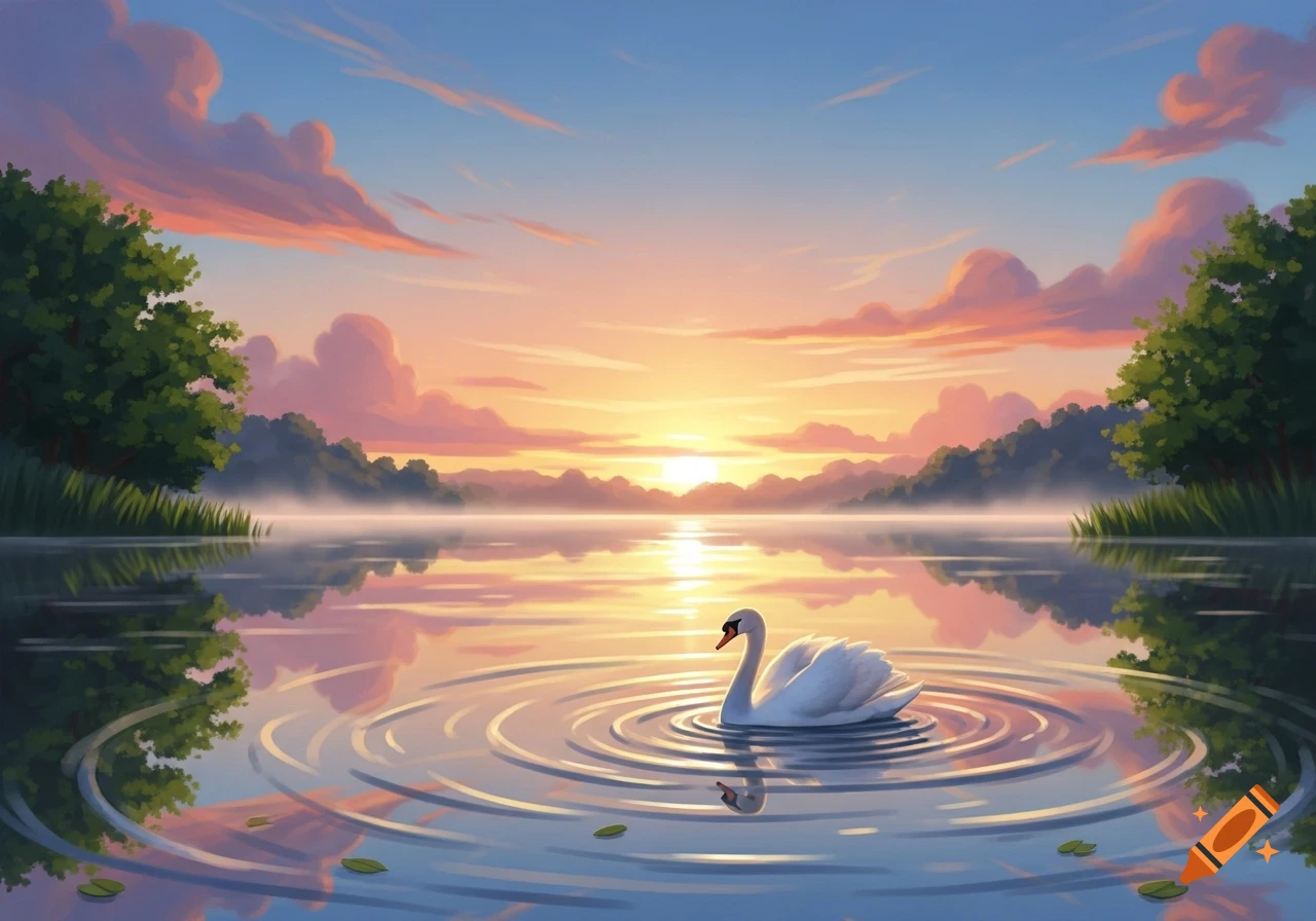 A white swan floats calmly on a serene lake at sunset, surrounded by trees and mist, in an illustrated style.