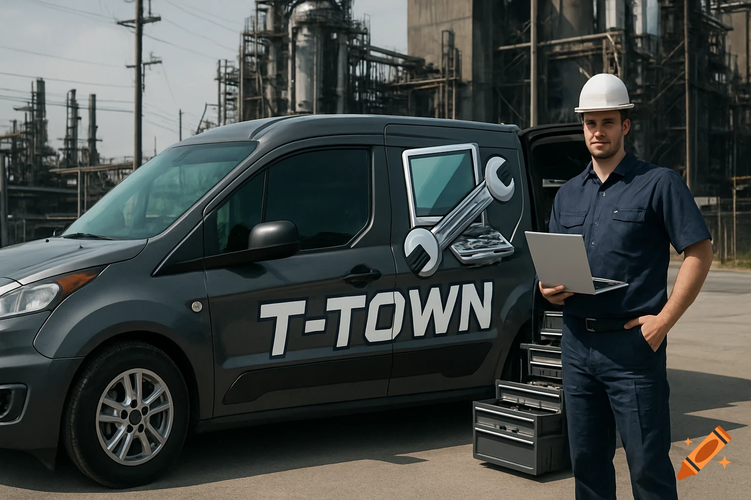 A man in a hardhat and uniform holds a laptop, standing next to a dark gray 'T-TOWN' van with open toolboxes at an industrial site.