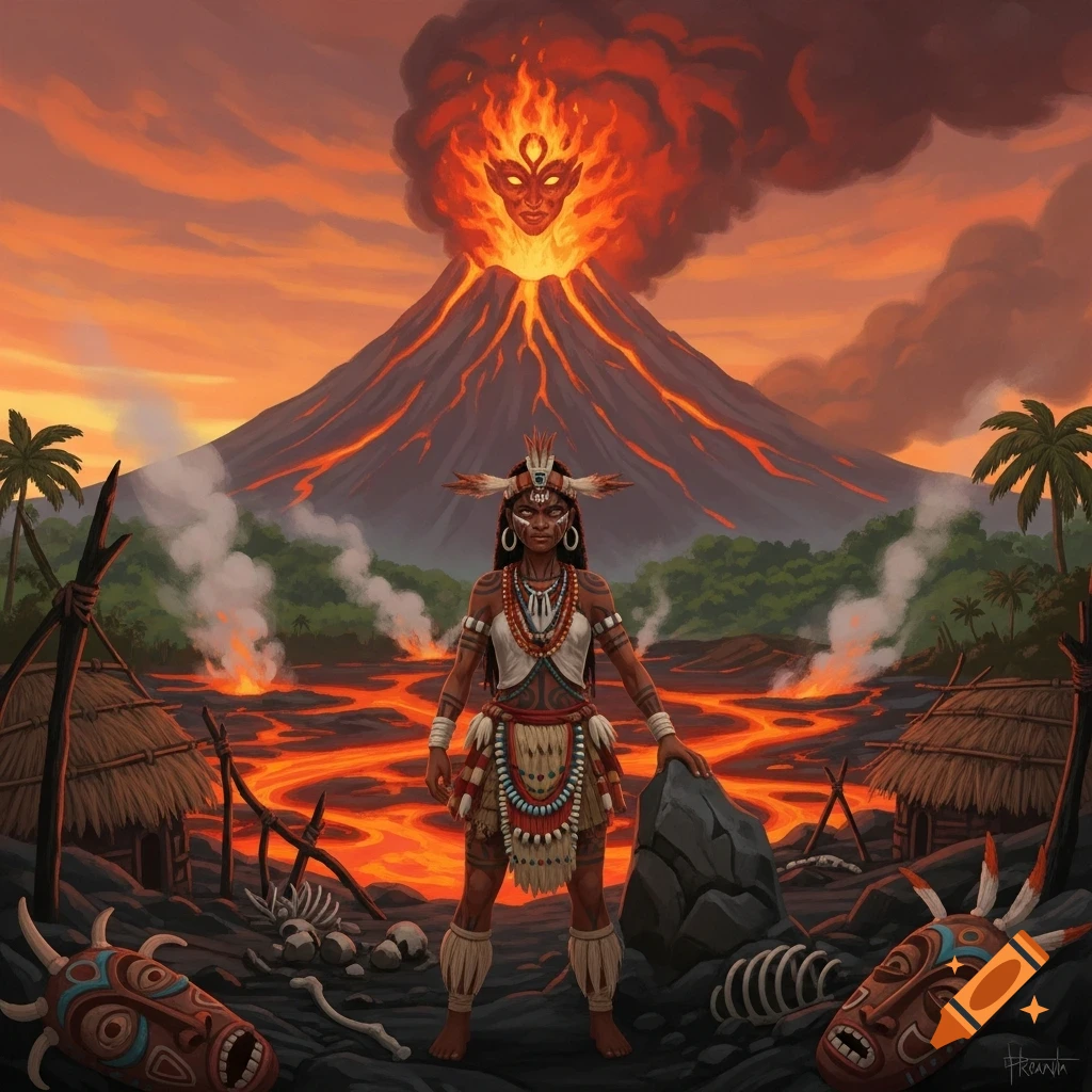 A tribal woman in elaborate attire stands before an erupting volcano, its smoke forming a fiery face, with lava flows and huts.