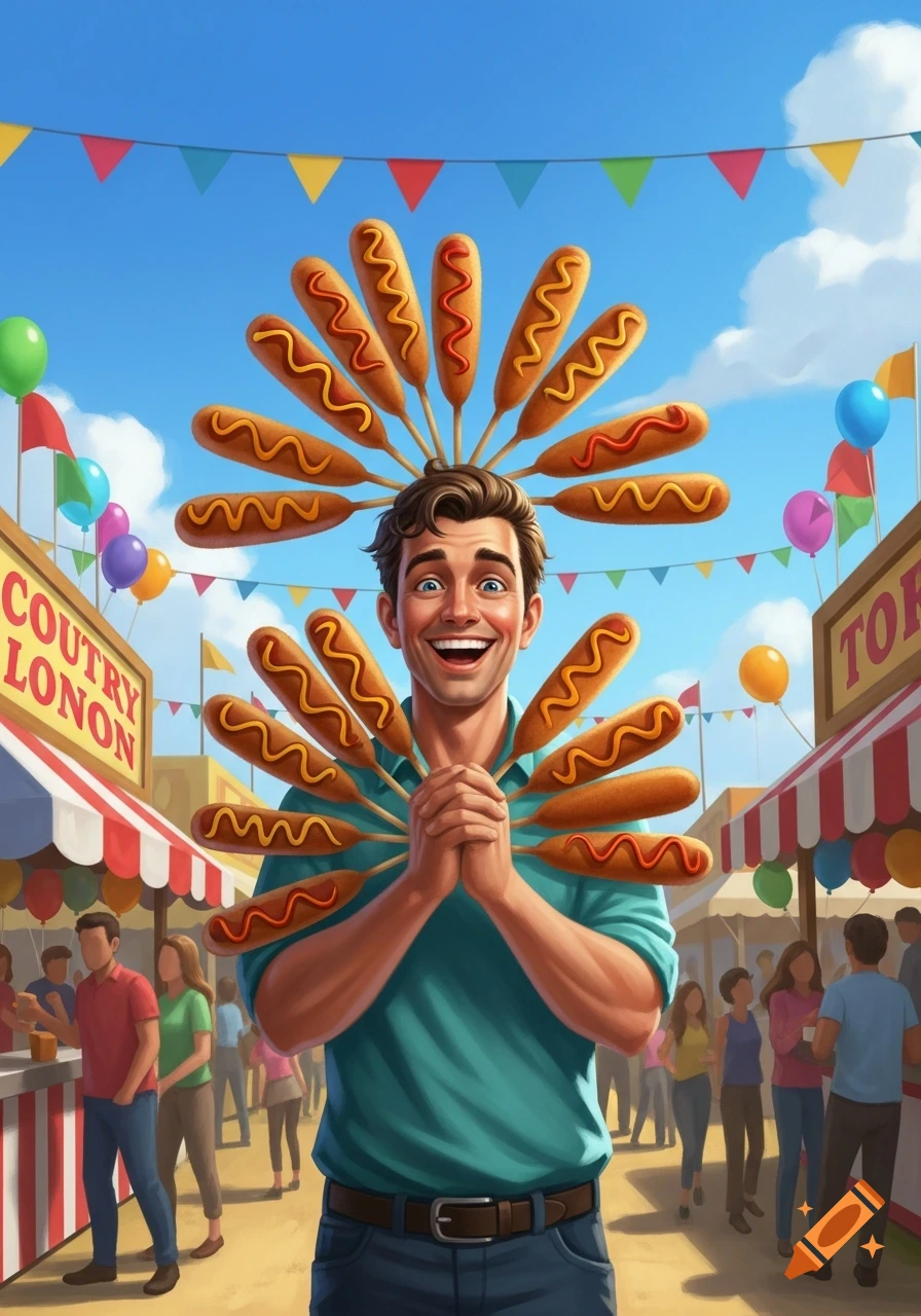 A smiling man holds a fan of many corn dogs with mustard and ketchup at a vibrant outdoor fair.