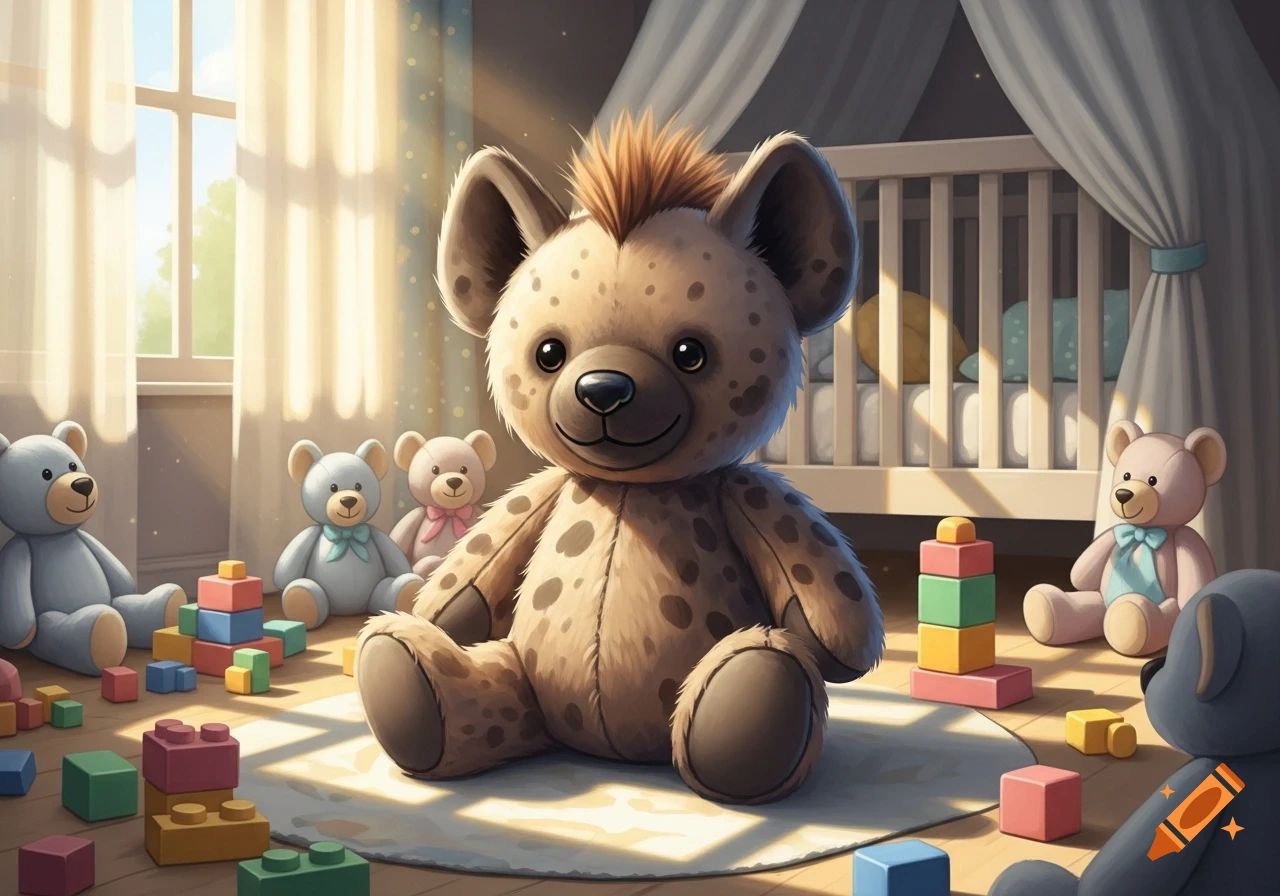 A spotted hyena teddy bear sits on a rug in a sunny nursery with other teddy bears and colorful building blocks.