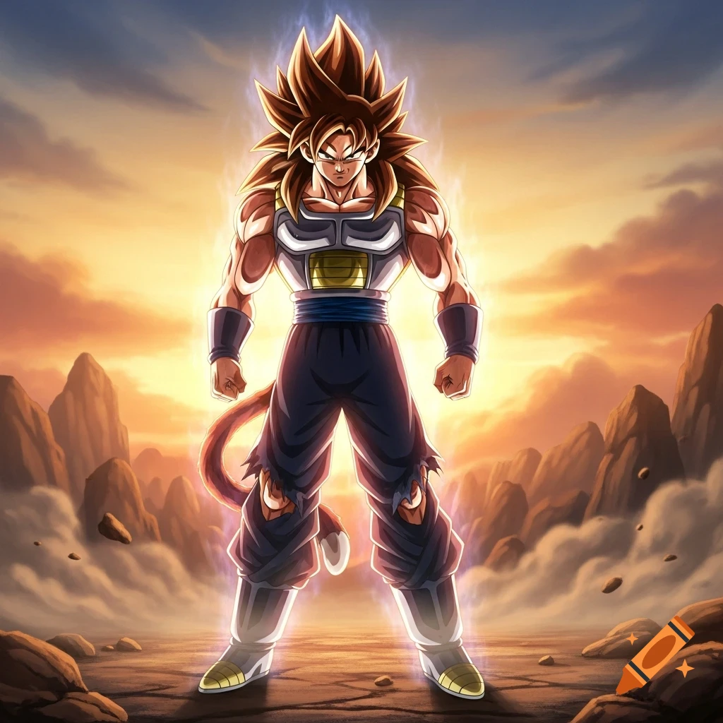 A powerful Saiyan warrior with spiky brown hair, a battle vest, and a tail stands against an orange sunset landscape with mountains.